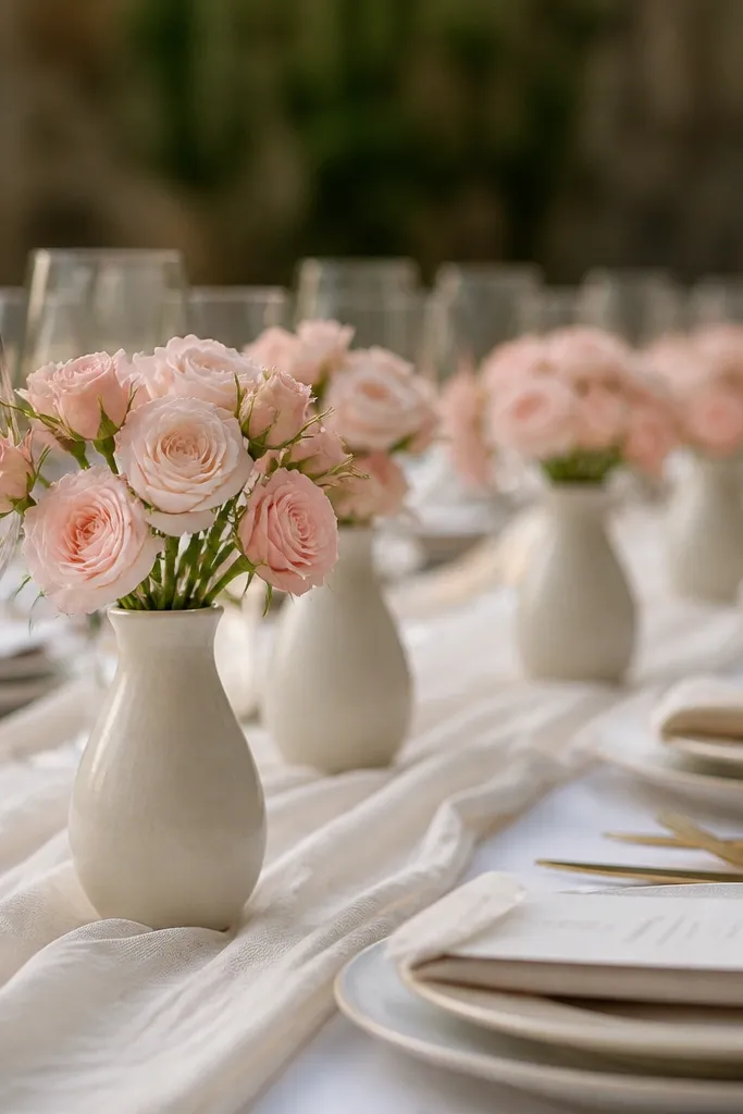 Small cream bud vases with blush flower sprays along a white sweetheart table runner