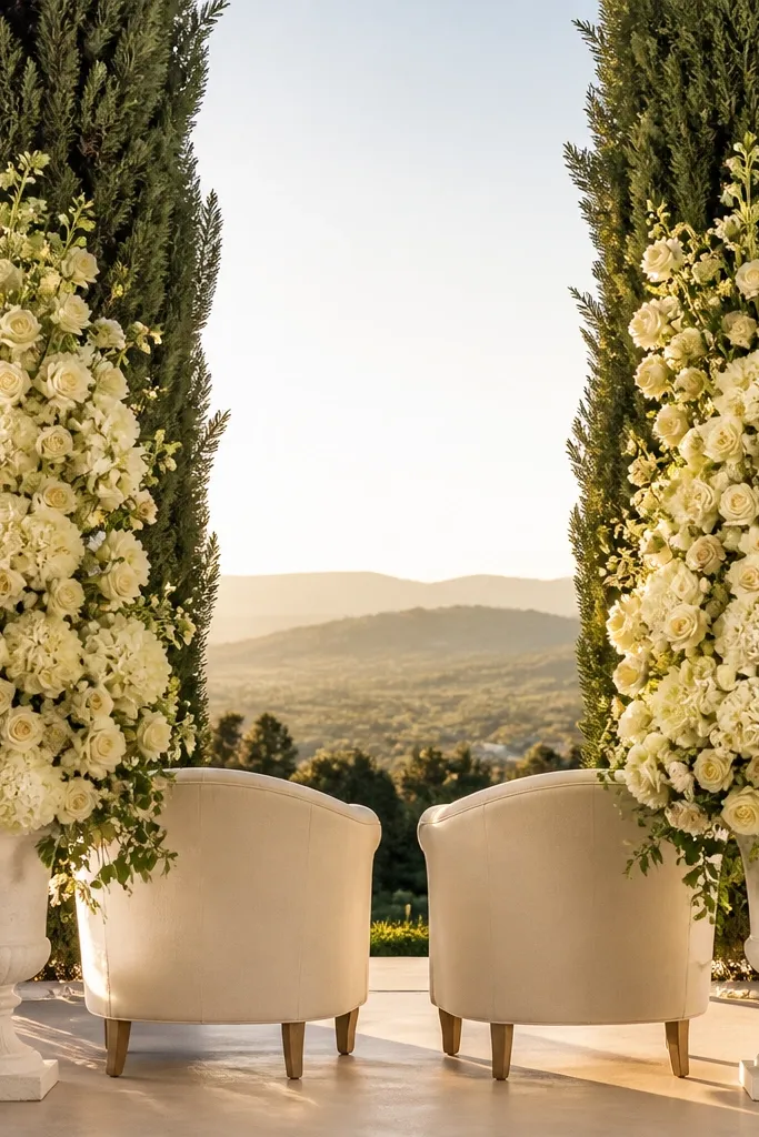 Two matching tall ivory rose arrangements at both ends of a sweetheart table