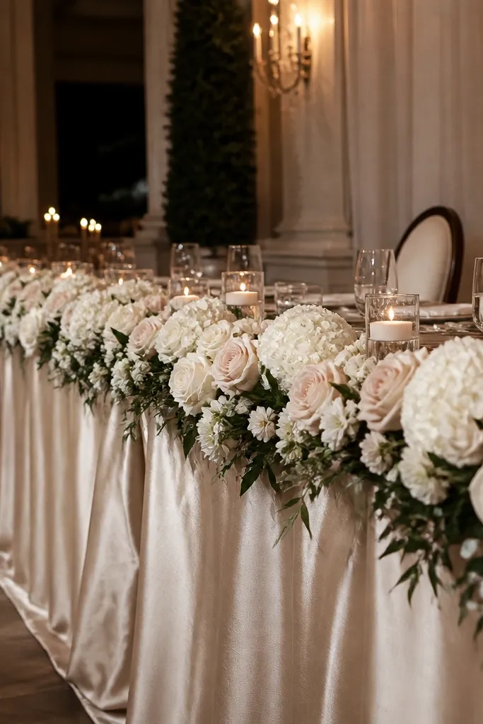 A low floral garland flowing along the center of a satin sweetheart table runner