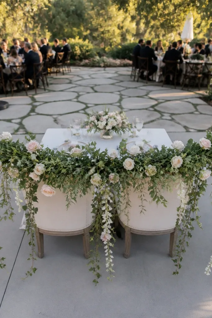 Soft hanging floral swag behind sweetheart chairs with trailing greenery and blush blooms