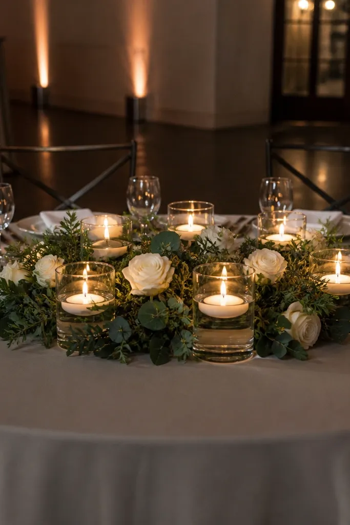 White rose petals and greenery around floating candles on a sweetheart table