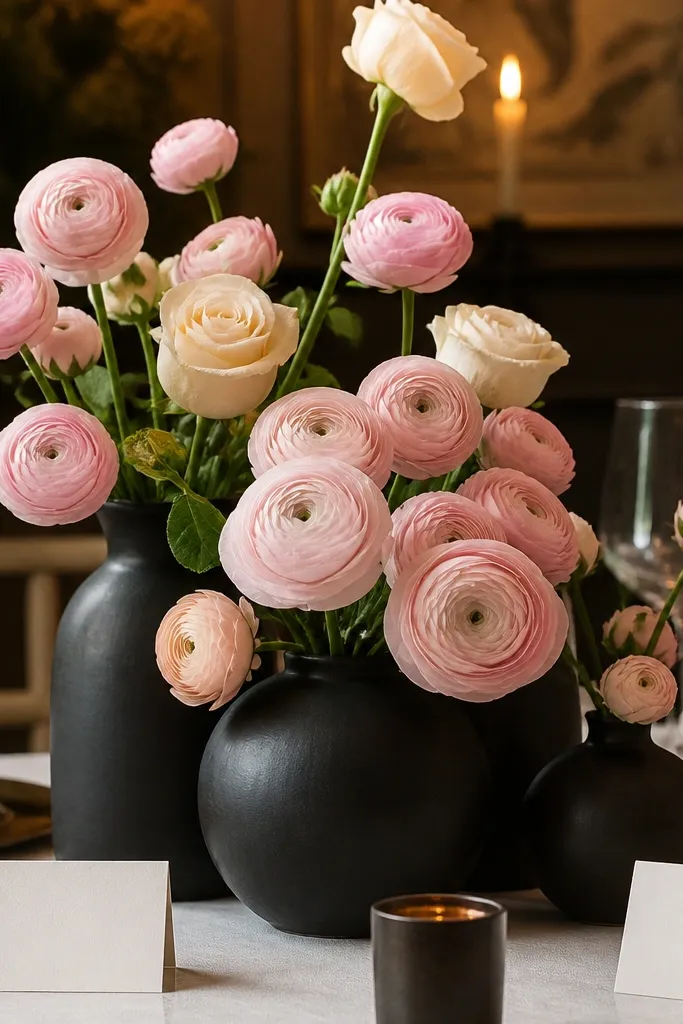 Matte black vases holding blush ranunculus and cream blooms on a sweetheart table