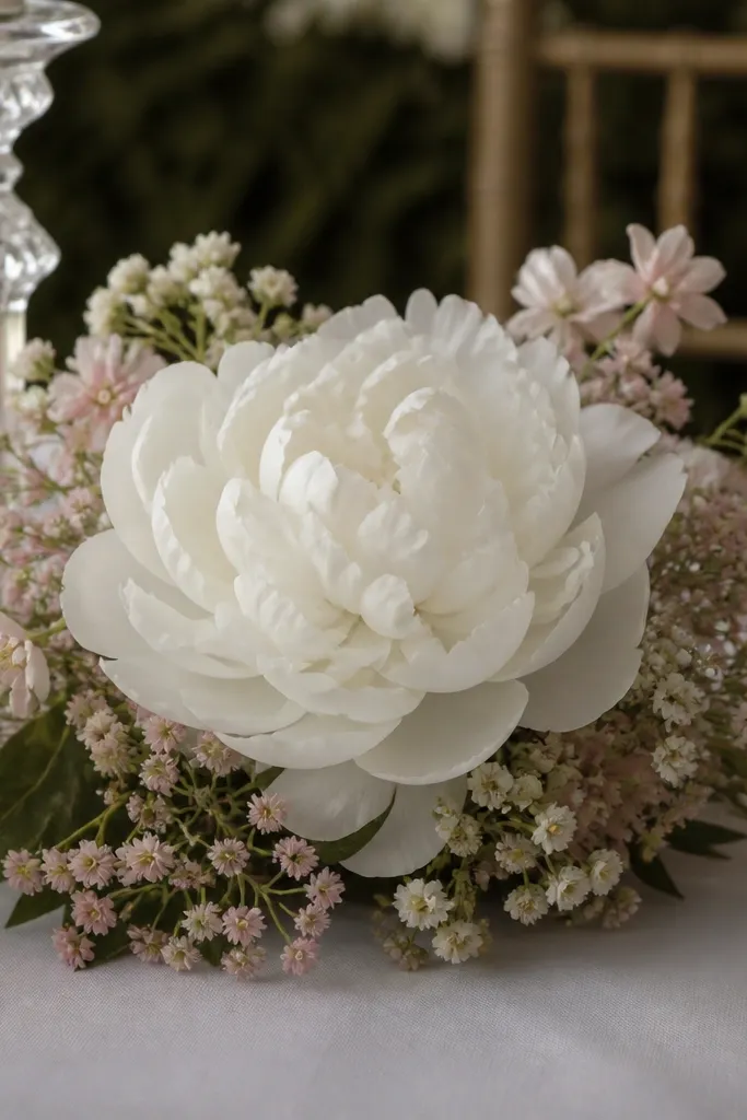 A large white peony-style bloom centerpiece with small white micro-flower clusters on both sides
