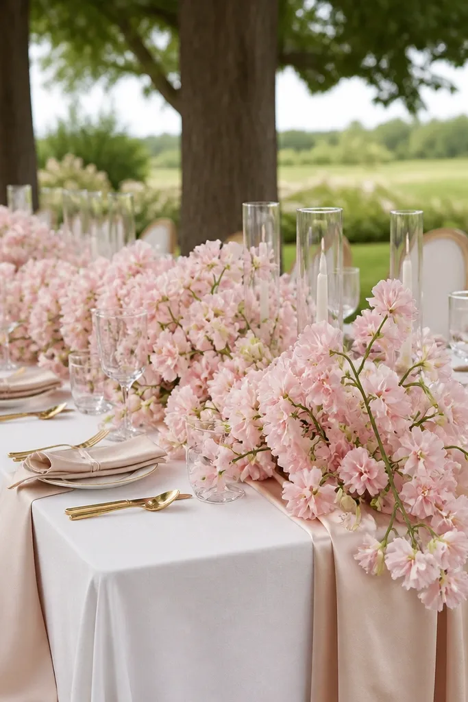 Blush sweet pea blossoms spilling in a ladder pattern along the edge of a sweetheart table