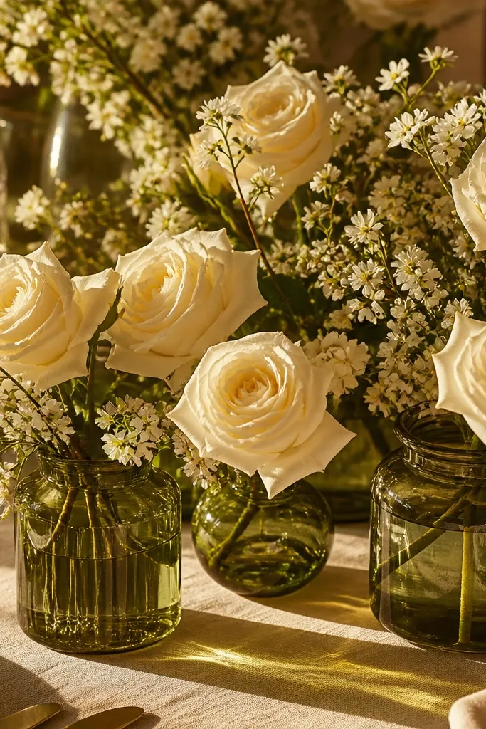 Ivory rose clusters in green glass vessels on a sweetheart table with subtle pear blossom accents