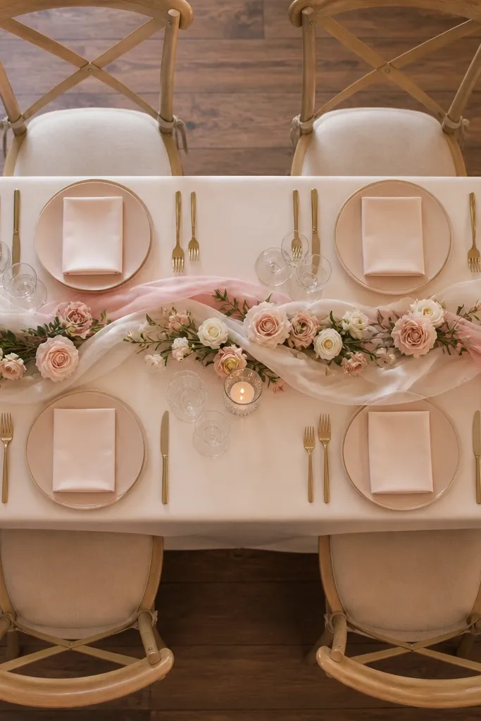 Cream tablecloth with a soft floral ribbon swag draped across a sweetheart table centerpiece