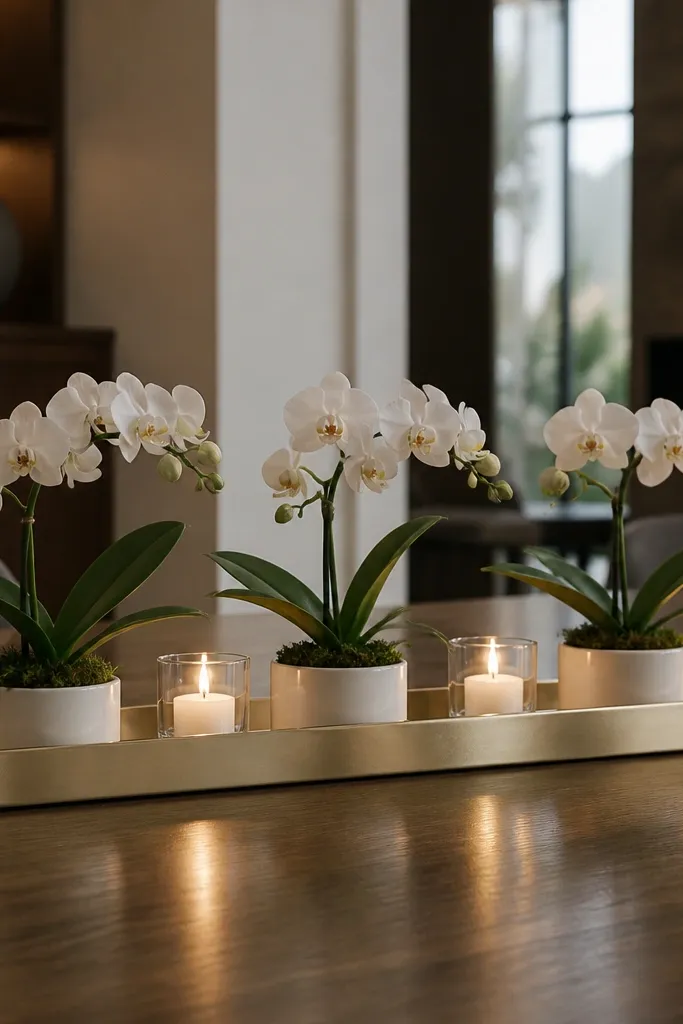 Low white orchids and three candles in a long tray centerpiece for a sweetheart table