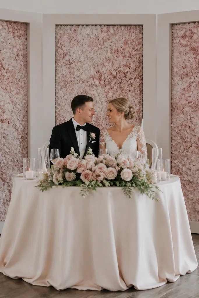 Two small flower wall panels in dusty rose and blush behind sweetheart chairs