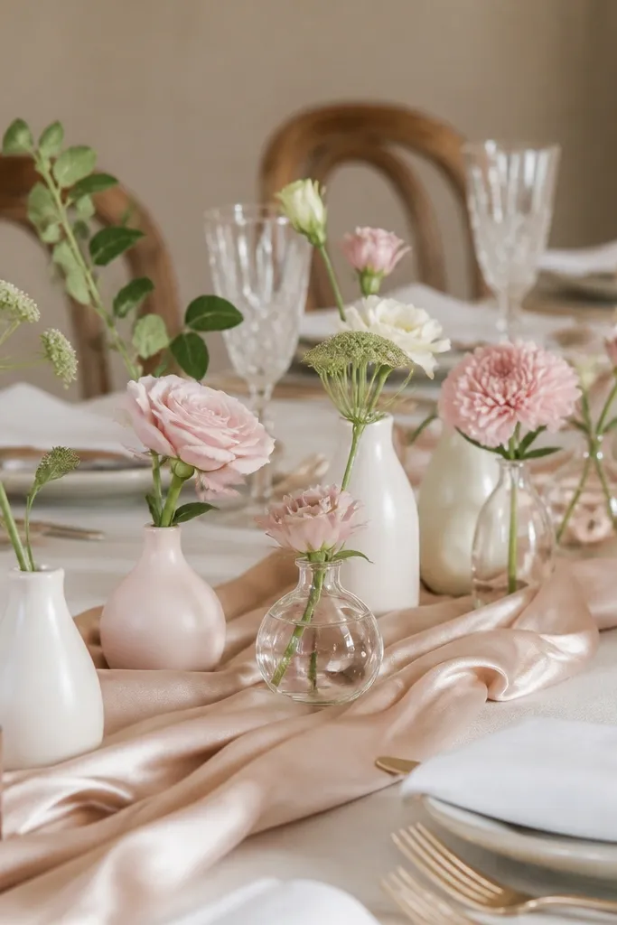 Mini bud vases in two shades of glass holding white and blush flowers along a sweetheart table