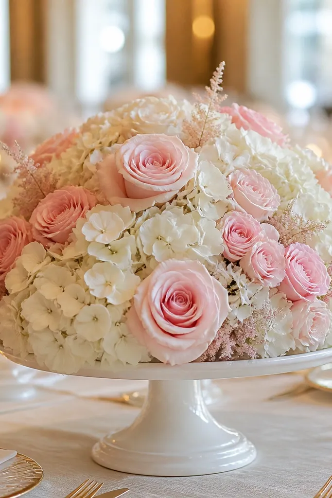 Blush roses and soft hydrangea arranged like a cloud on a round pedestal centerpiece