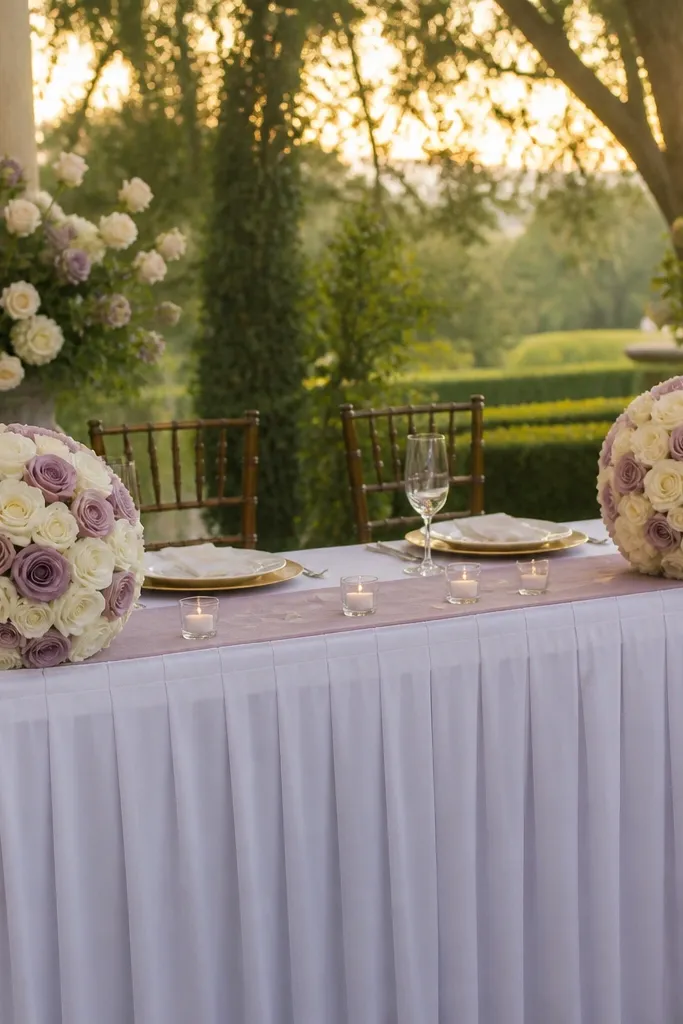 Two round pomander-style rose balls in ivory and mauve placed at each end of a sweetheart table