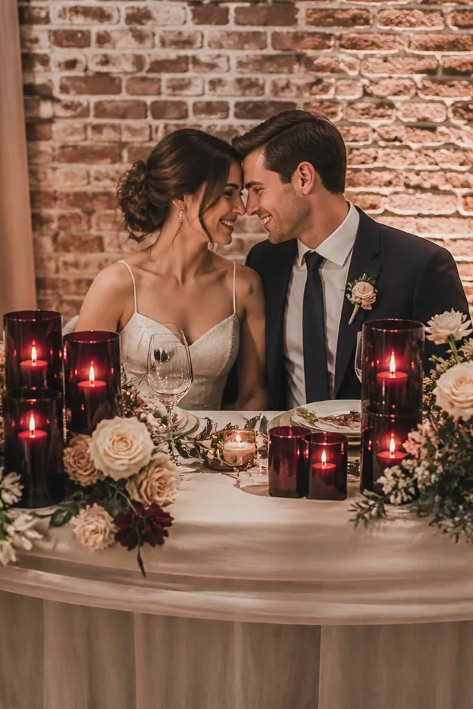 Cream flower sprays tucked into deep berry candle cups on a sweetheart table