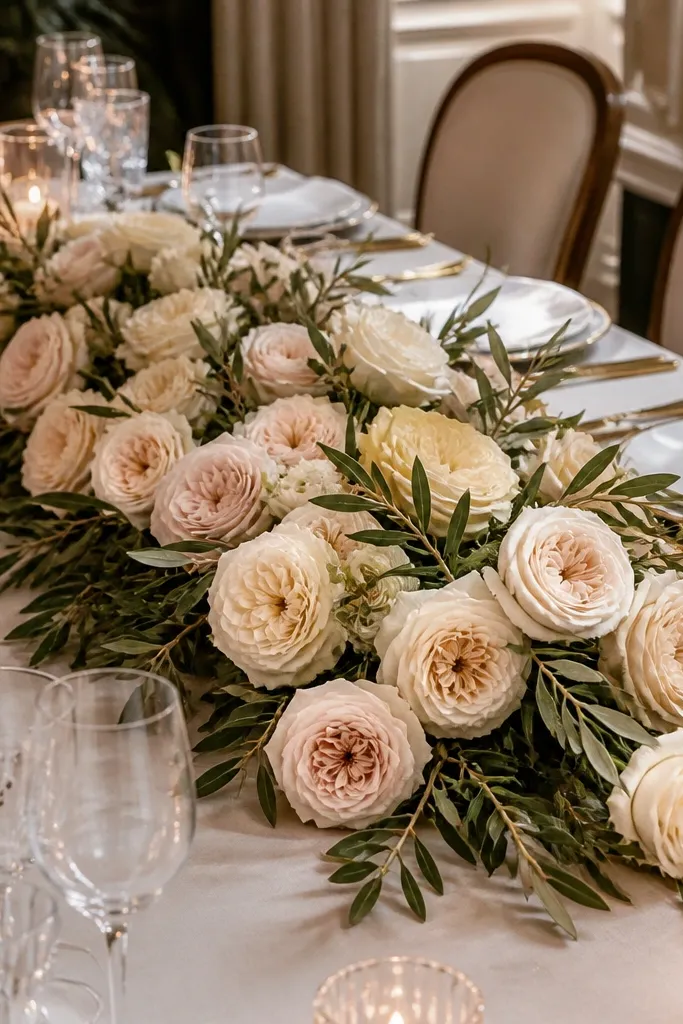 Garden rose heads and olive branches arranged in an oval centerpiece on a sweetheart table