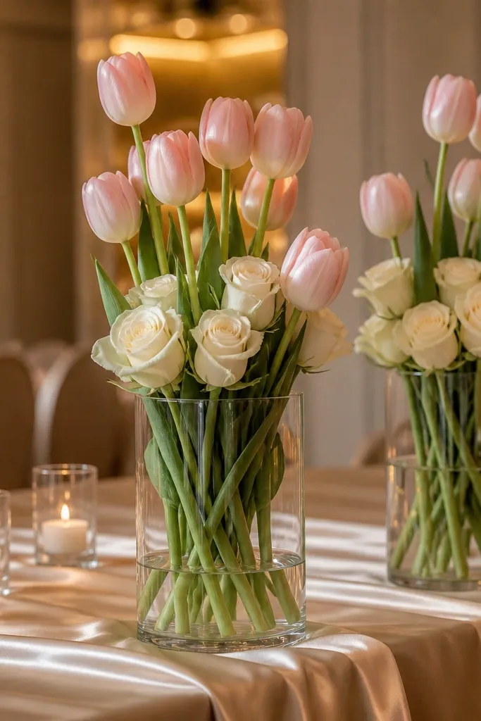 Clear cylinder vases with blush tulips and ivory roses arranged on a sweetheart table