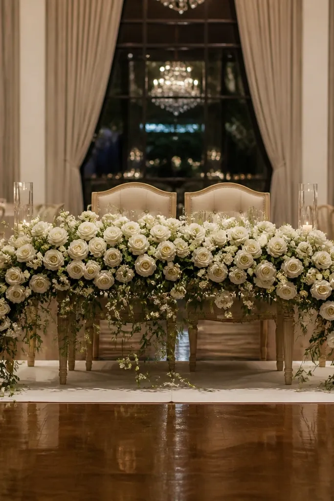 A low arch of white spray roses spilling toward the front of a sweetheart table