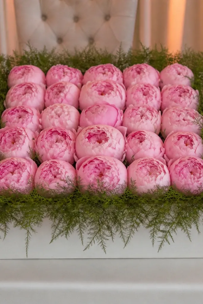 Square floral arrangement with blush peony-like blooms and feathered foliage on a sweetheart table