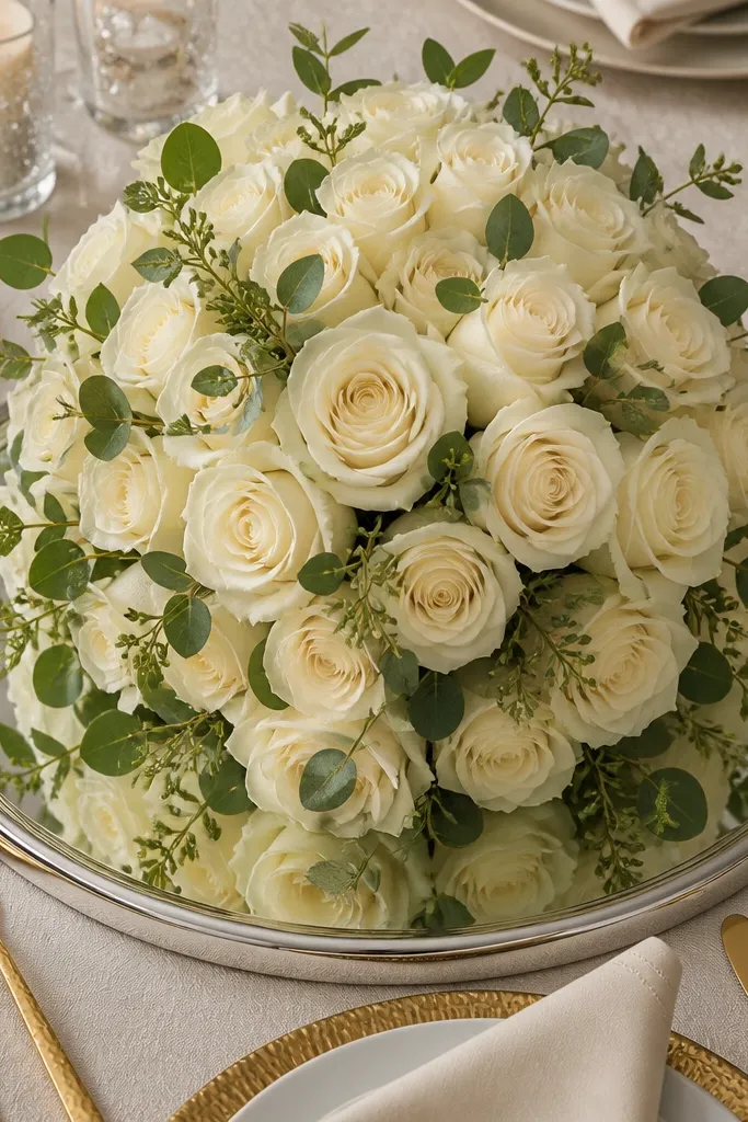Ivory roses arranged into a dome on a mirrored tray centerpiece