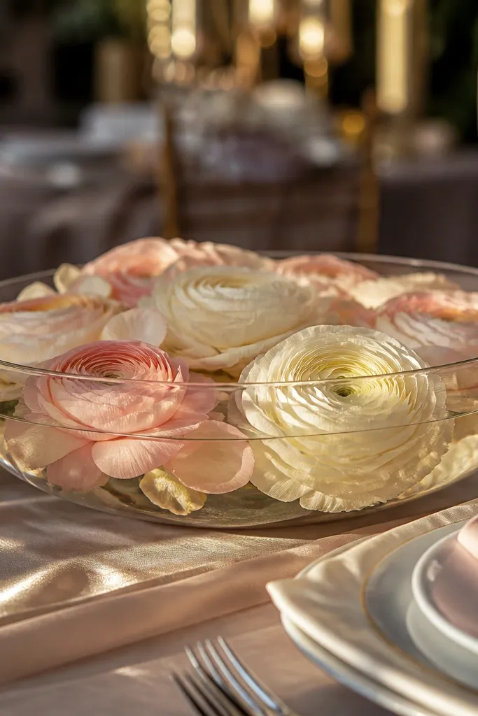 A shallow bowl with blush and cream ranunculus and a few floating petals on a sweetheart table