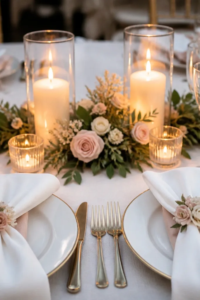 Blush and ivory napkin rings with small blooms plus small flower accents at the sweetheart table center