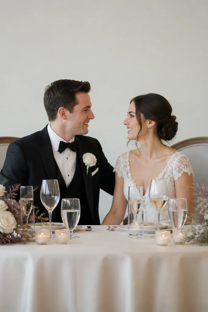 Two small micro-bouquet clusters with ivory roses and dusty plum accents at both corners of a sweetheart table