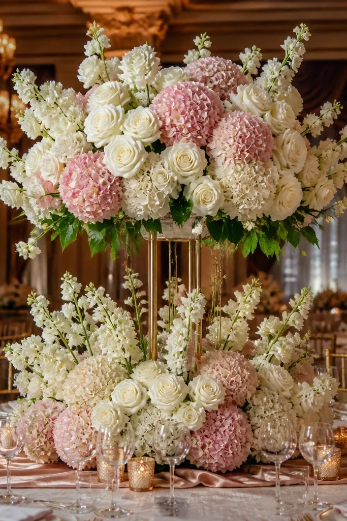 A centerpiece with blush hydrangea and ivory roses, combining a low base and a higher top cluster