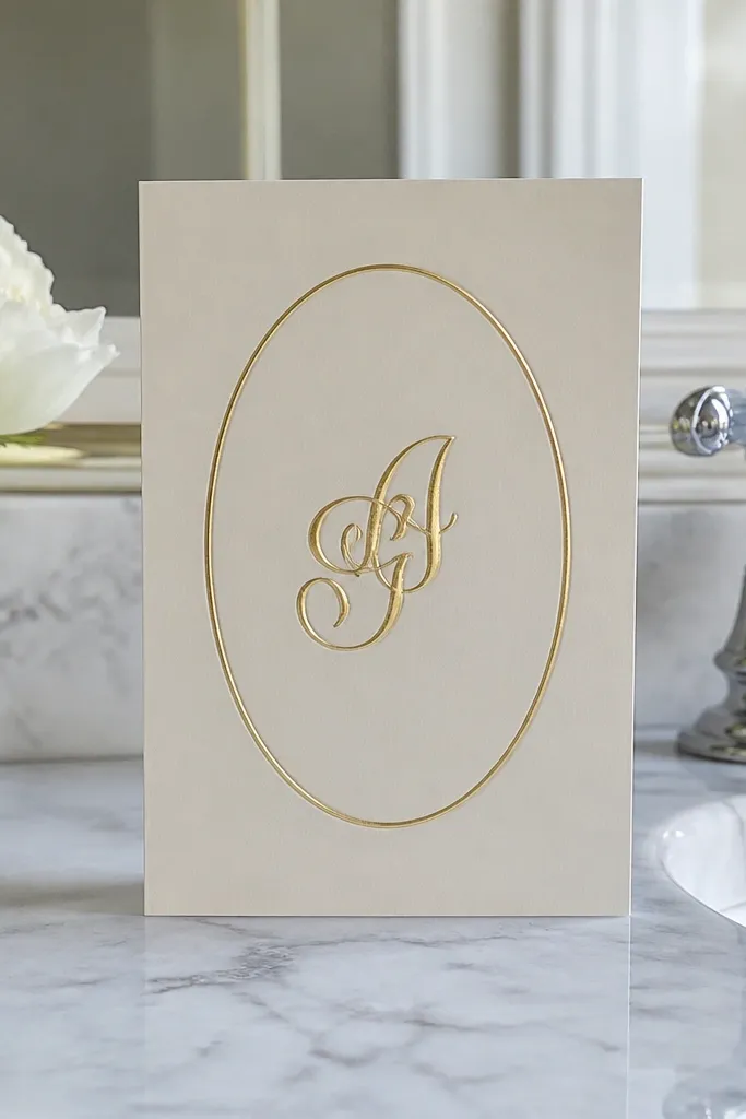 Champagne-gold oval frame with a monogram centered on cream paper