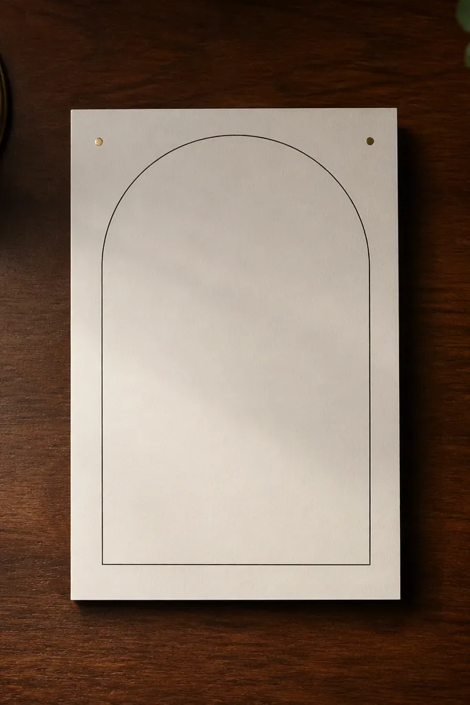 Black arch line design with small gold dots at the top corners on off-white paper