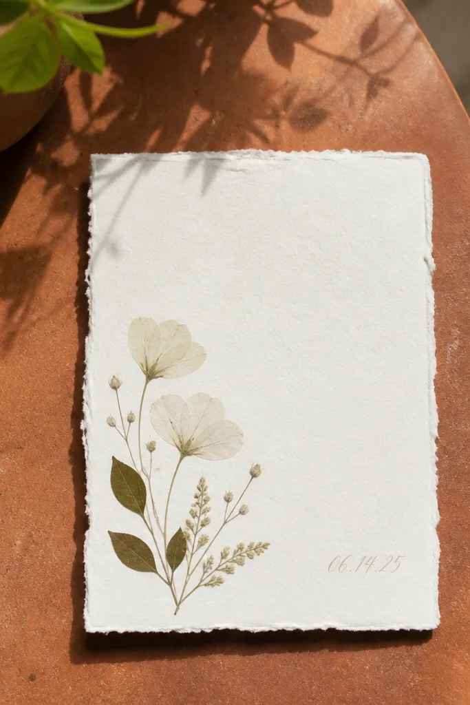 Ivory card with a small pressed-flower silhouette and tiny date script at the bottom