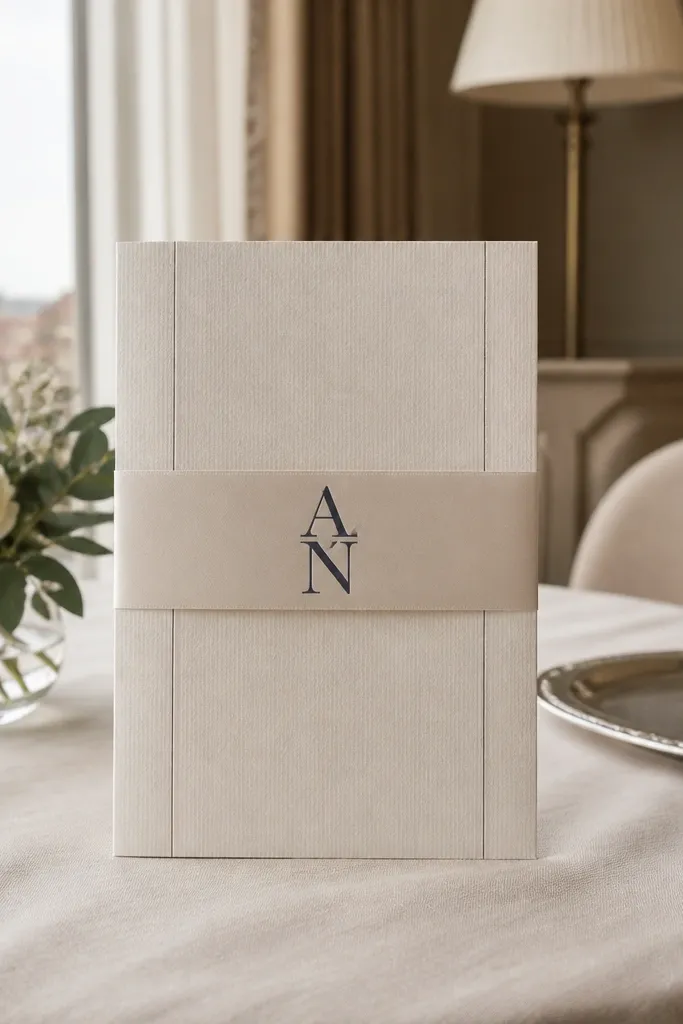 Centered monogram inside a horizontal band with thin lines on both sides