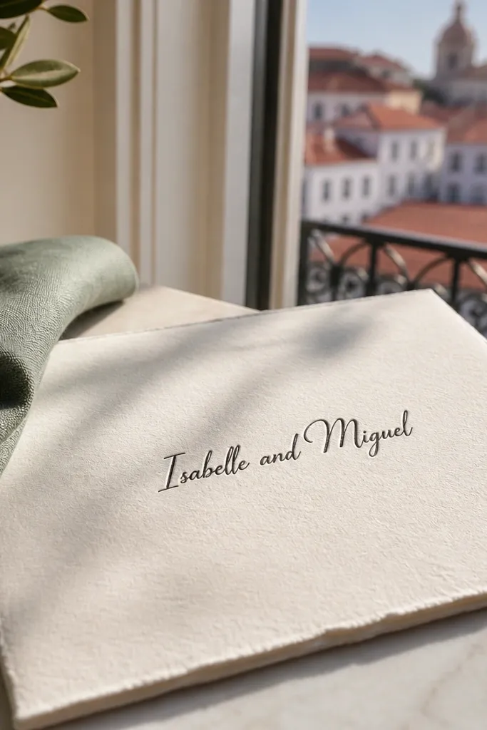 Cream deckled-edge look with letterpress-style script names centered