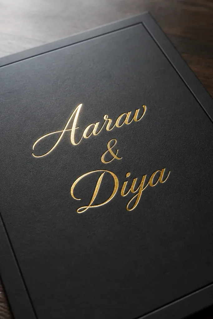 Matte black border line around the edges with gold text centered on cream paper