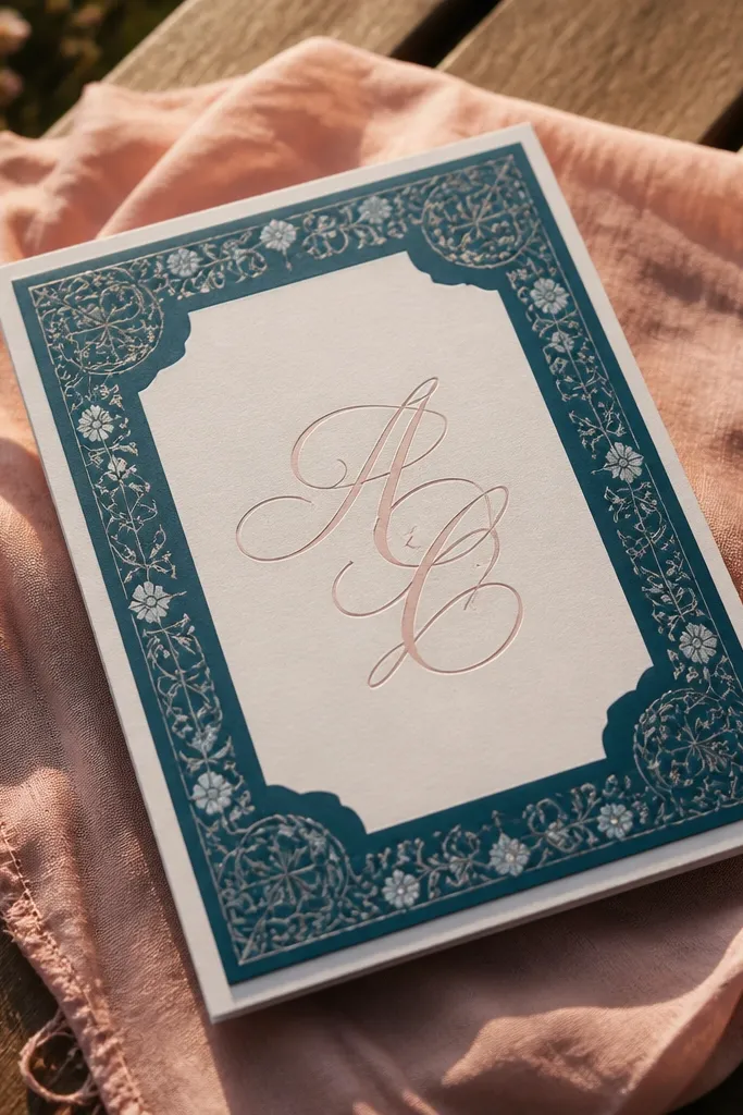 Deep teal border frame with blush script couple name centered on white paper