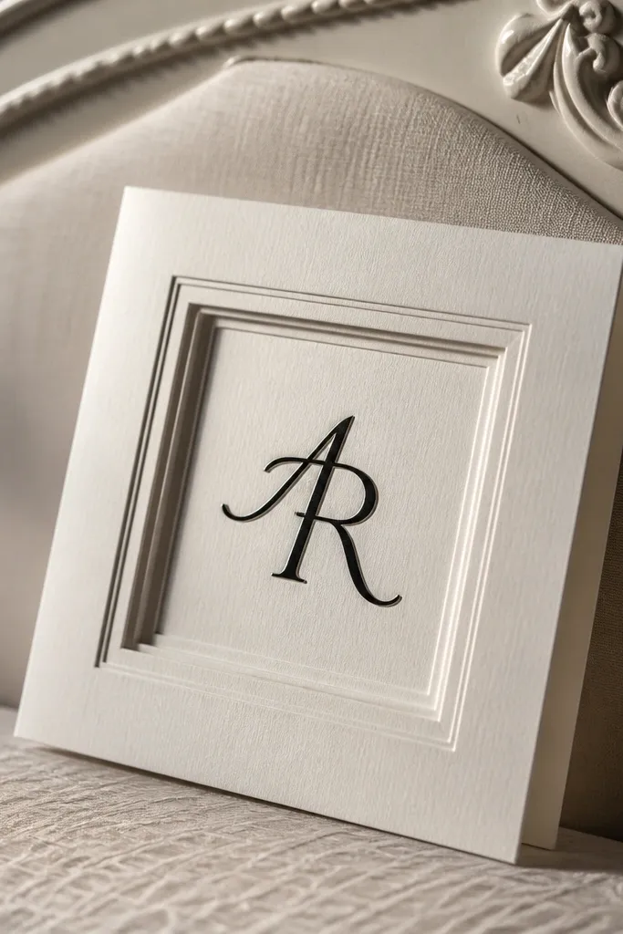 Pearl-white card with monogram inside a frame and subtle drop shadow