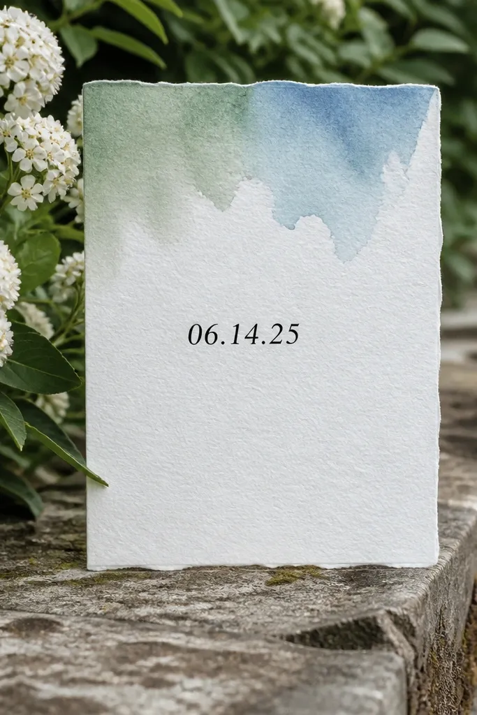 Soft watercolor wash in one corner with black date text at the bottom