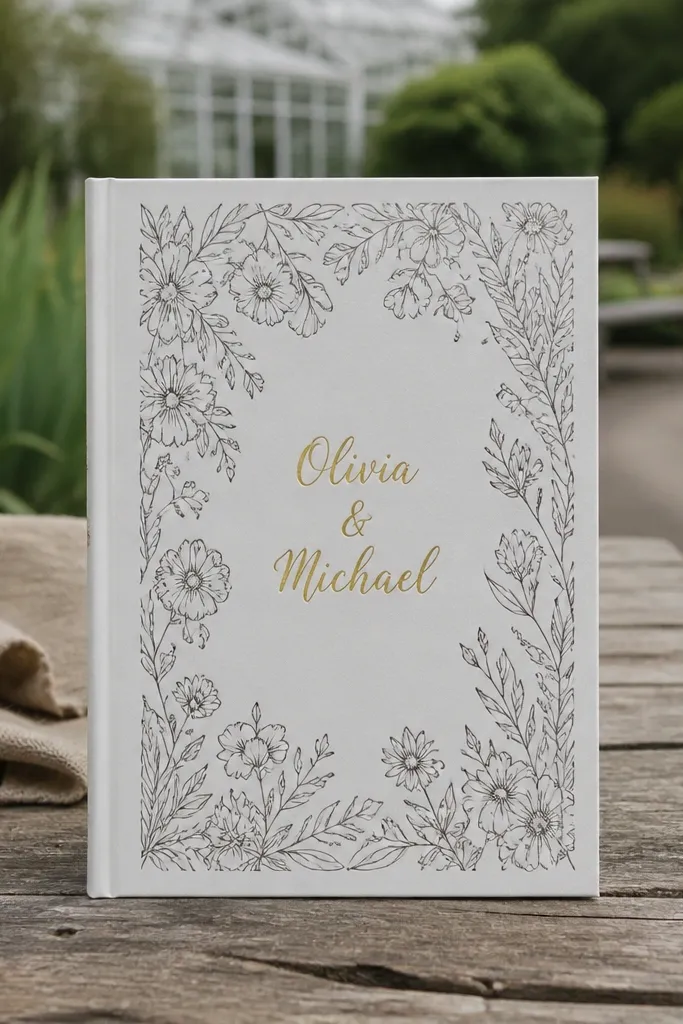 Thin botanical line border with one gold foil name centered