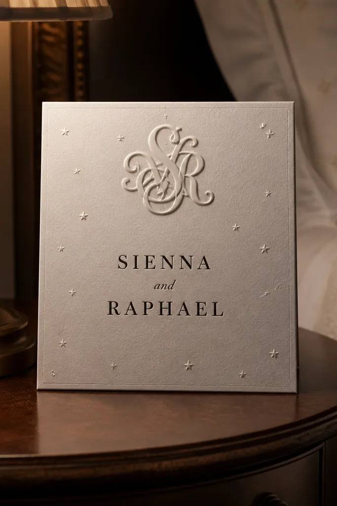 Small pearl-like monogram near top with tiny star accents and names centered below