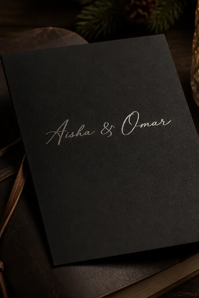 Matte black card with white foil script couple names centered