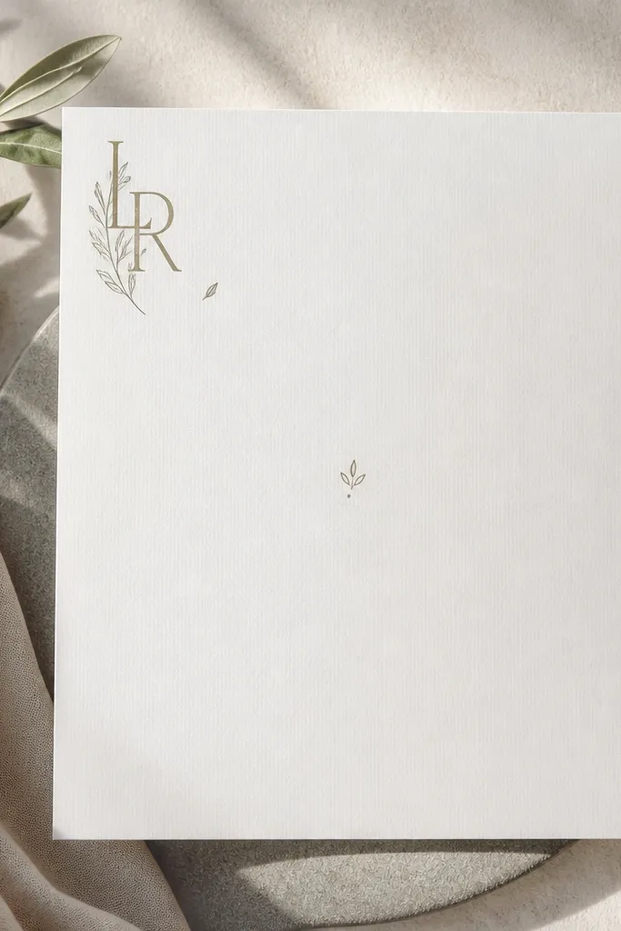 Monogram and small symbols clustered in one corner with lots of blank space in the center