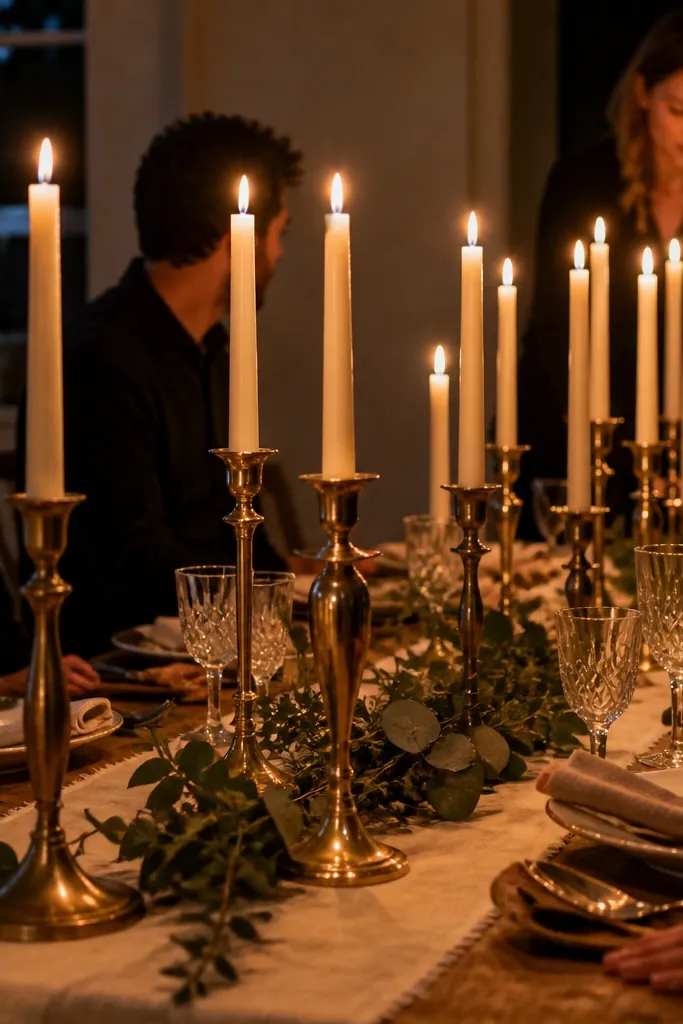 Three tall taper candles in gold holders on an ivory table runner