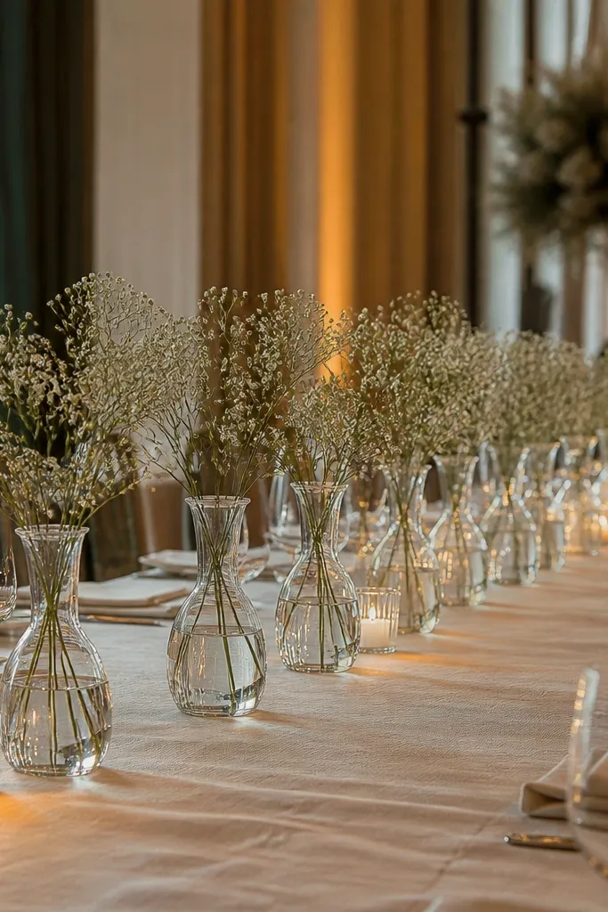 Row of small clear bud vases with white filler flowers along a table