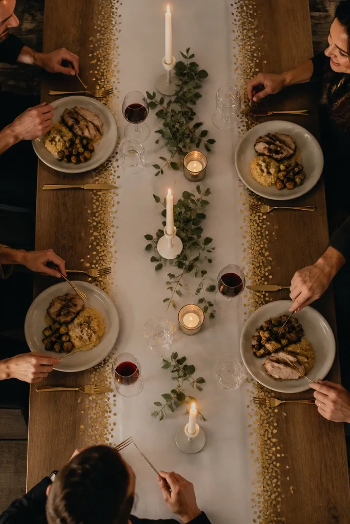 Ivory linen runner with small gold flecks scattered along the table edge