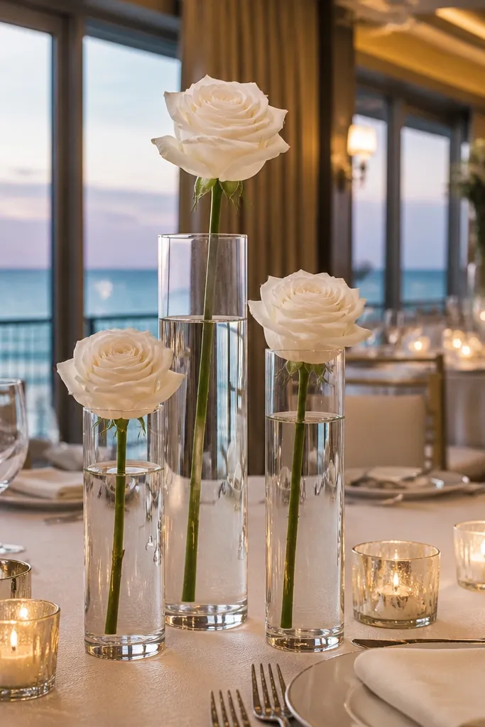 Tall clear cylinder vases with a single white flower per vase