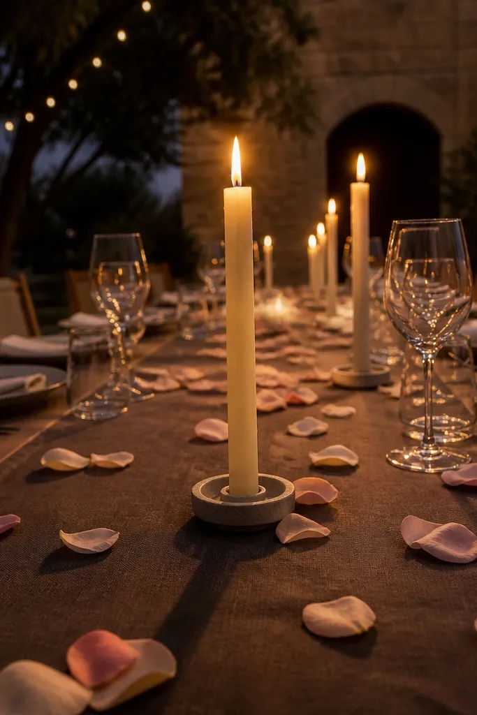 Cocoa brown runner with ivory candles and a few scattered petals