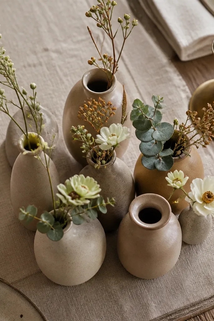 Matte ceramic bud vases in warm beige holding small stems on a table