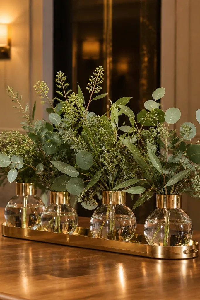 Gold-rimmed bud vases with green stems on an off-white table