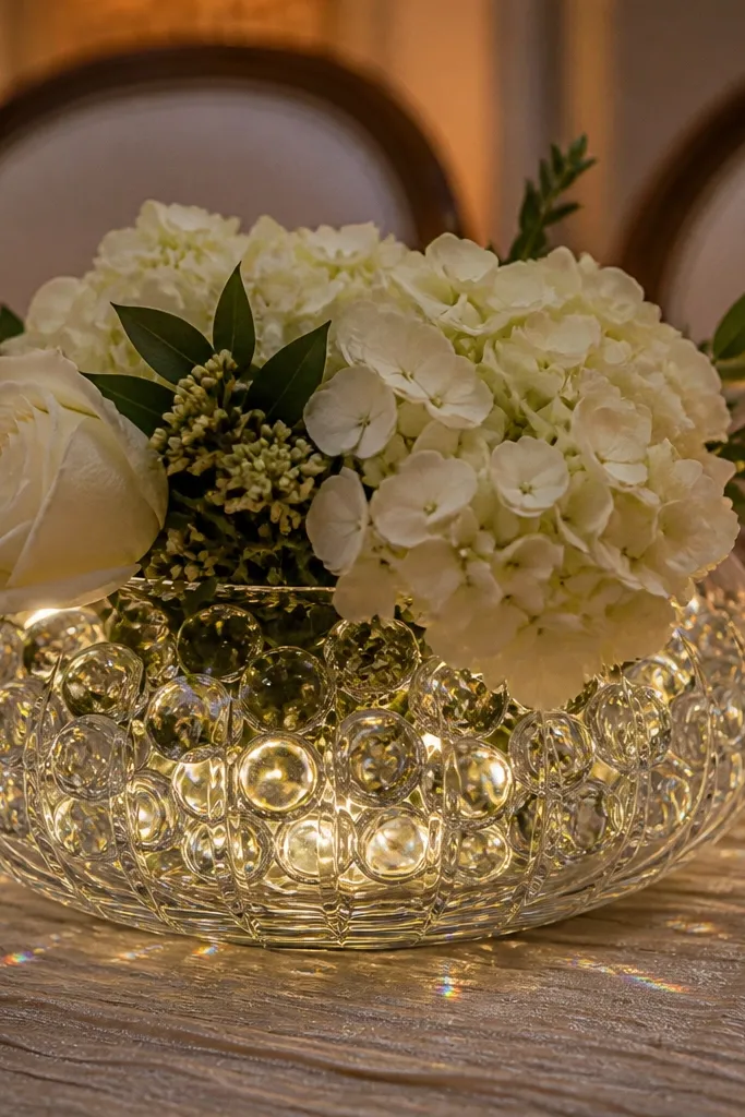 Low clear bowl with white flowers, glass marbles, and a small candle