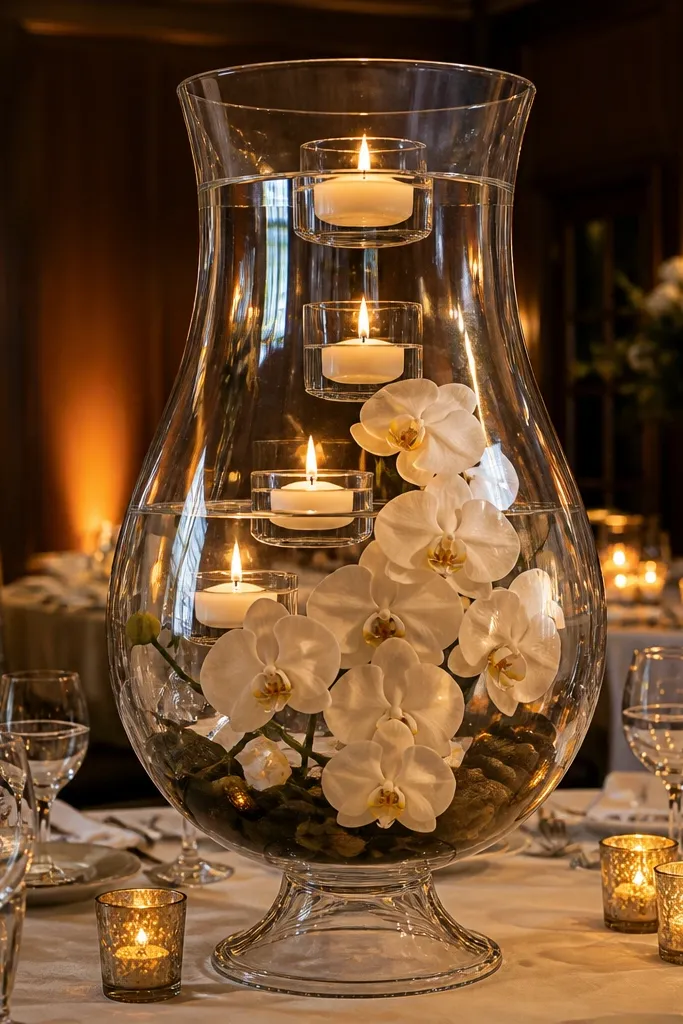 Large clear glass hurricane with floating candles and a few orchid stems