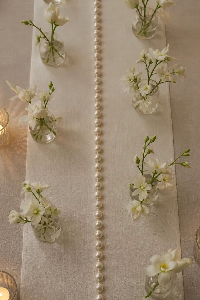 Ivory table runner with a single row of pearl-like beads down the center