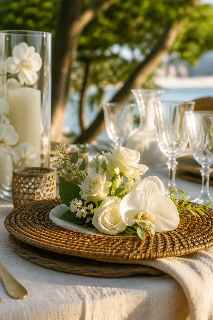 Woven rattan charger plates with white floral place decor