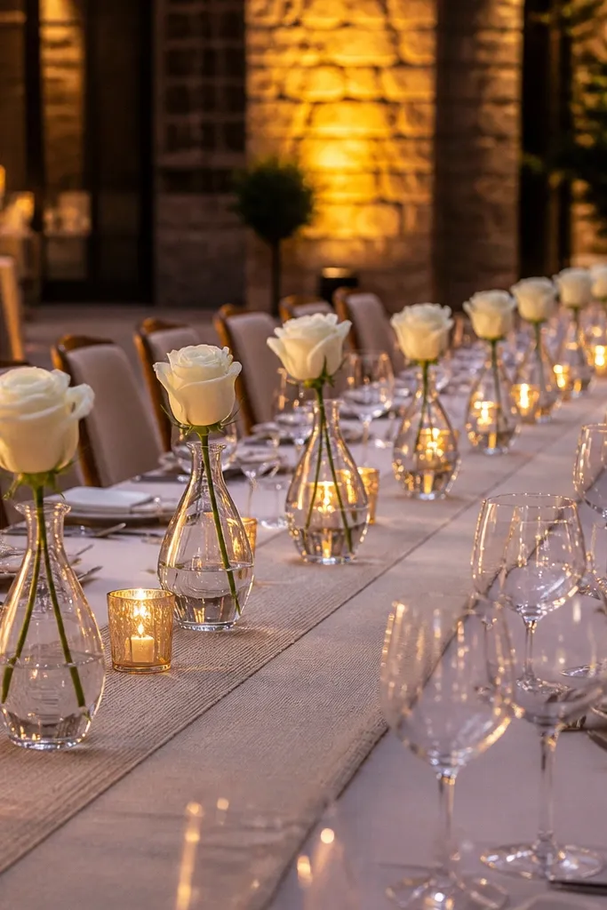 Bud vases in a straight line with one flower color along a long table